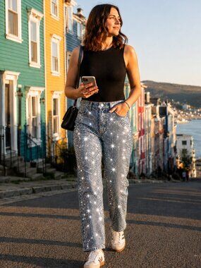 Reformation Abby Colorado Sparkle Rhinestone Straight Jeans Blue Size 25 NWT Y2K